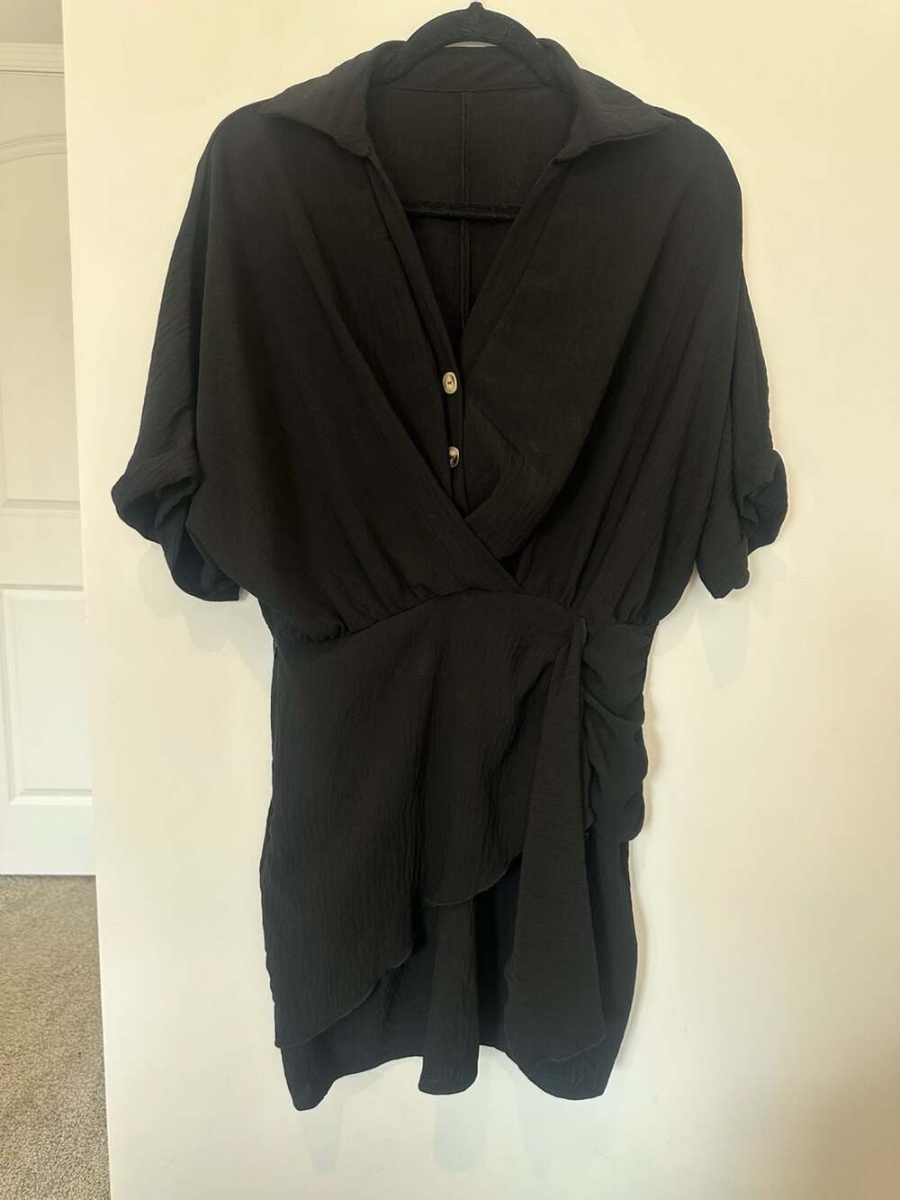Black Short Sleeve Collared V-Neck Romper with Ruched Side Detail